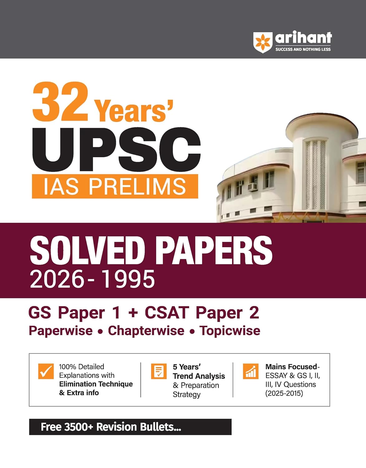 Arihant 32 Years UPSC IAS Prelims Solved Papers 2026 to 1995 GS Paper 1 and CSAT Paper 2 Chapterwise and Topicwise PYQs with Detailed Solutions Elimination Techniques 5-Year Trend Analysis and FREE Revision Bullets Booklet