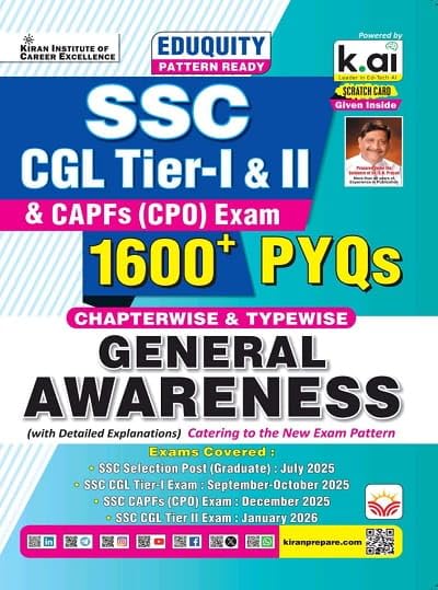 Kiran SSC CGL Tier-I and II and CAPFs Exam General Awareness 1600+ PYQs Chapterwise and Typewise English Medium