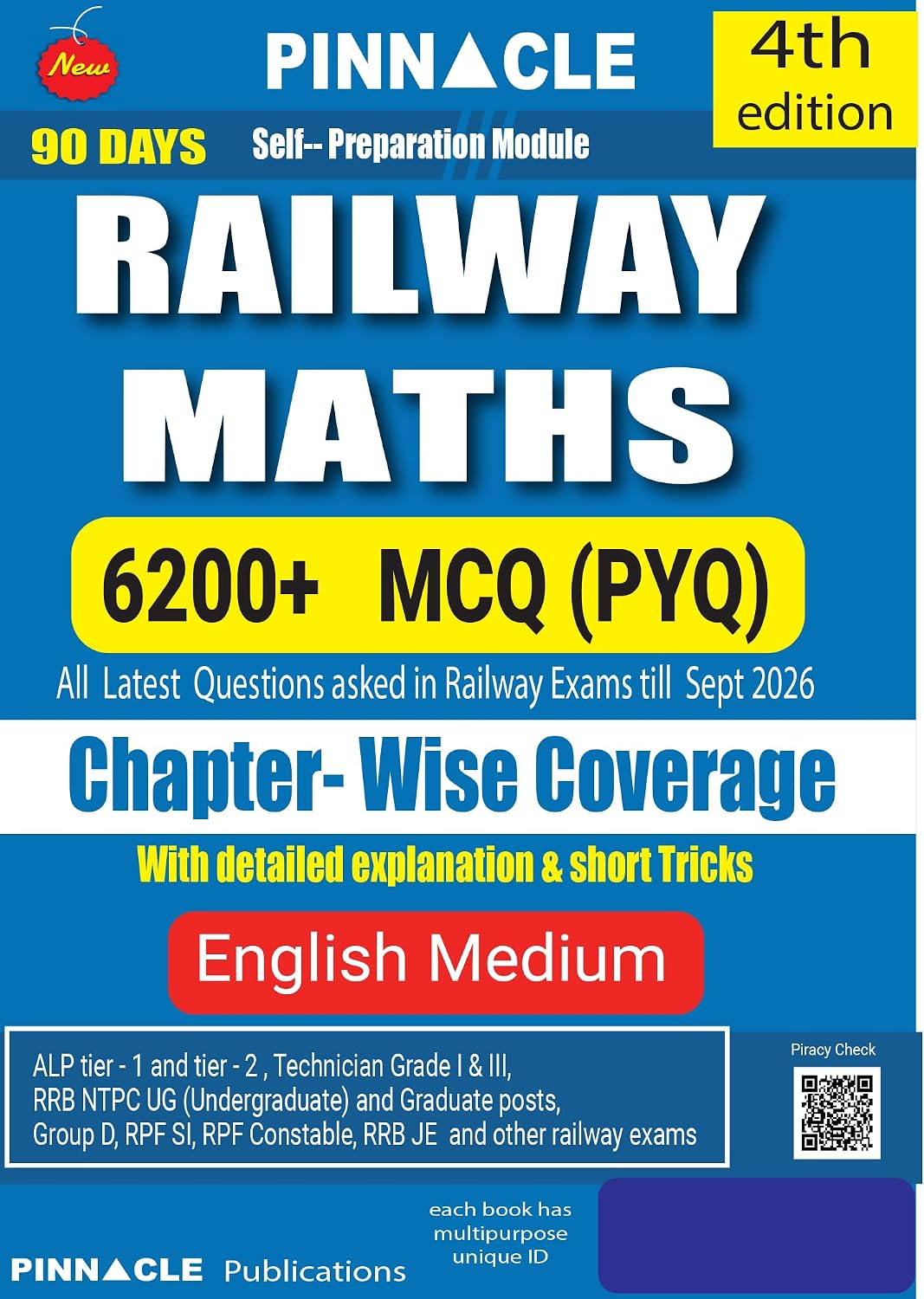 Pinnacle Railway Maths book 2027 6200+ MCQ Questions with Detailed Explanations Chapter wise PYQs English Medium 4th Edition Updated till Sep 2026 