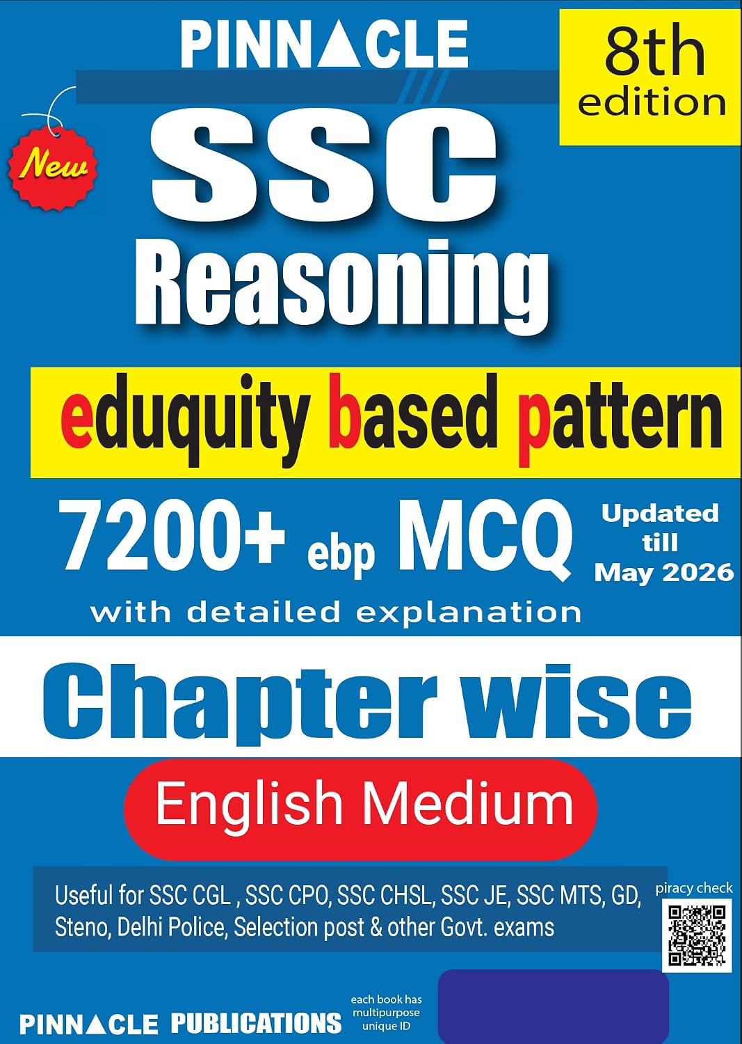 Pinnacle SSC Reasoning 7200+ Eduquity Based Pattern MCQ Chapter wise Book English Medium 8th Edition Previous Year Questions till May 2026