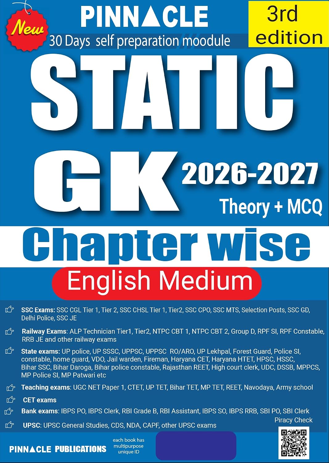 Pinnacle Static GK 3rd Edition 2026 2027 English Medium Chapterwise Theory + MCQ 1800+ Questions for SSC Railway State Exams 